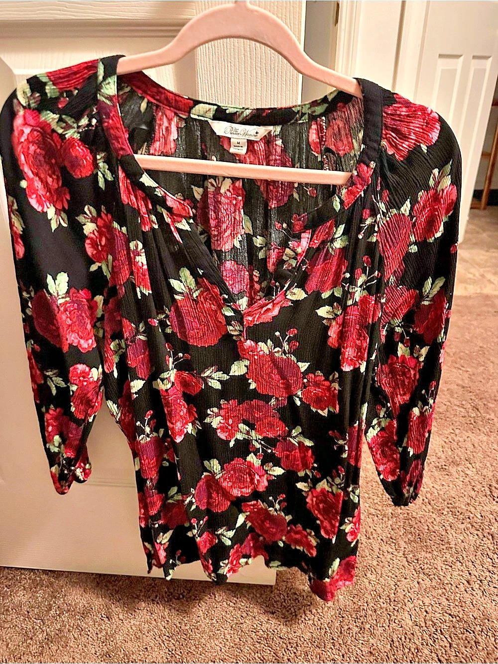 The Pioneer Woman Floral 3/4 Sleeve Tunic Top Black & Red Medium
